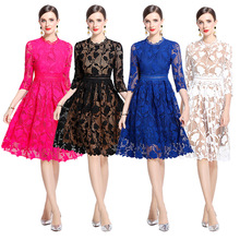实拍优雅跨境外贸中长袖高级感时尚显瘦镂空水溶蕾丝中长款连衣裙