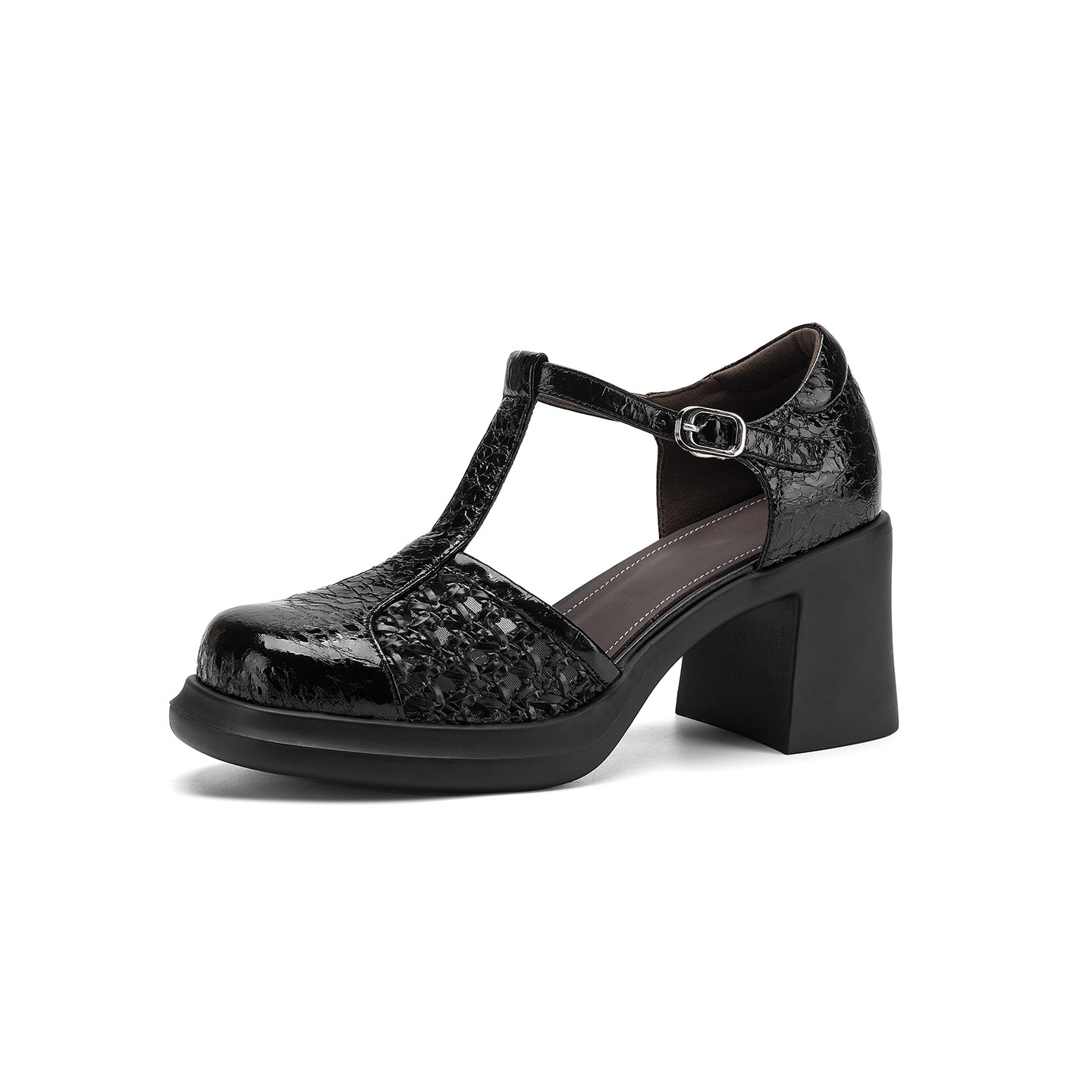 Sandal cao gót nữ quai ngang phong cách vintage, gót 8.5 cm, đế dày, mũi kín — đen chi tiết 25