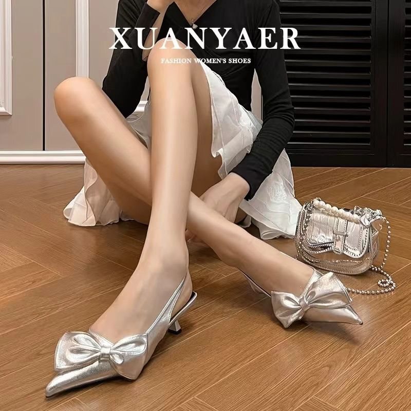 Plus-Size Women's Metallic High-Heeled Sandals 2025 New Style with Bow Decoration, Pointed Toe, Closed-Toe Mary Jane Sandals for Women