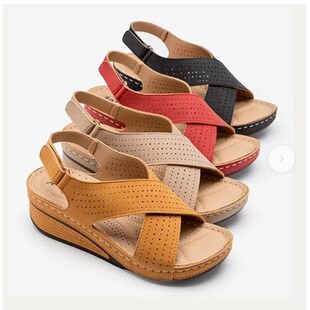 2022 European and American Foreign Trade Women's Shoes, Women's Sandals, Wedge Heels, Breathable, Velcro, Thick Soles, Hollow, Large Size Wholesale, Chunky Heels