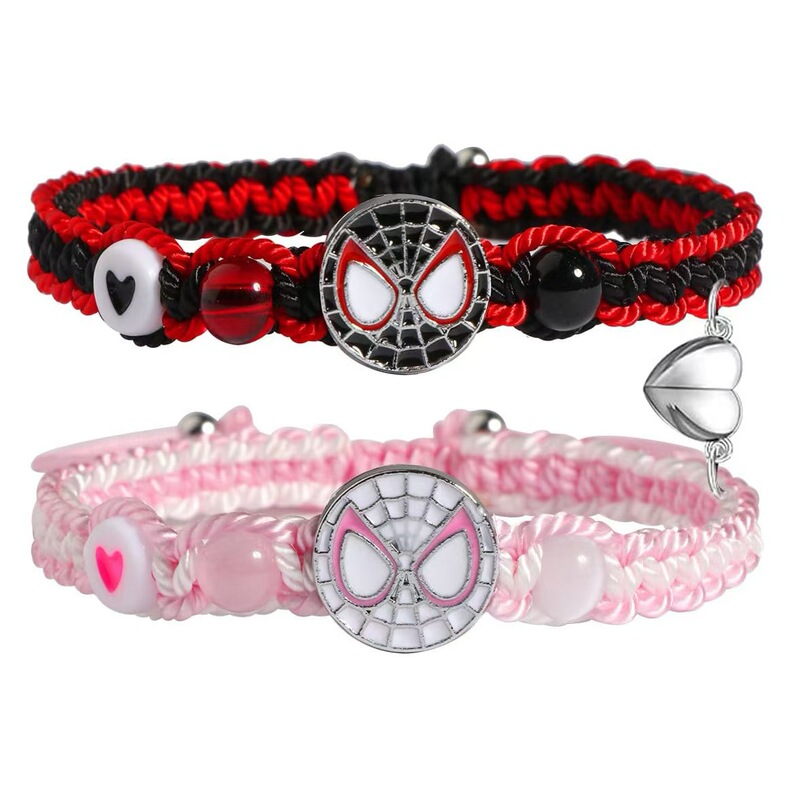 Couple's adjustable woven bracelet with cat's eye stone, kitty cat, Stitch, heart, magnetic Spider-Man, stackable