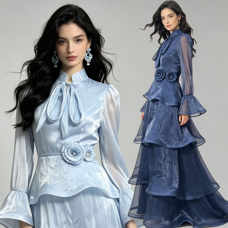 Bell-sleeve extra-long floor-length dress, luminous pleated slim-fit long-sleeve tiered dress, three-dimensional floral belt Bell-sleeve extra-long floor-length dress, luminous pleated slim-fit long-sleeve tiered dress, three-dimensional floral belt