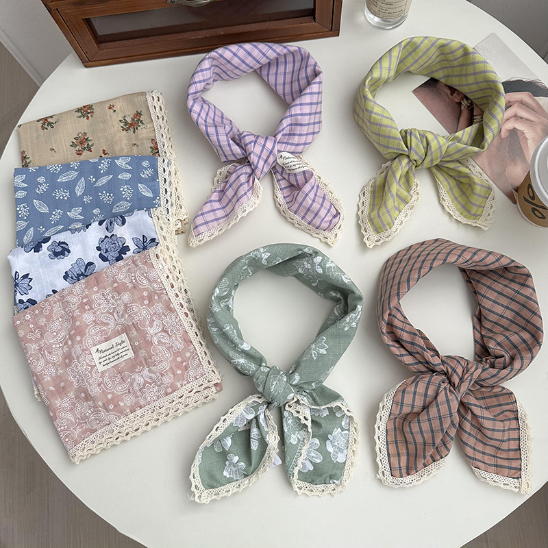 Bufanda cuadrada de encaje de moda de algodón y lino 60*60cm Bufanda de seda de flores de todo fósforo de ocio y arte Decoración fotográfica de vacaciones Accesorios para el cabello