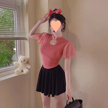 设计感不规则雪纺复古盘扣短袖上衣+高腰半身a字裙两件套时尚套装