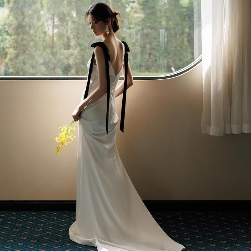 Satin Gown with a Small Train, Backless, Sexy Long French-Style Evening Dress with Straps, 2026 New Model Wedding Dress with an Elegant Vibe