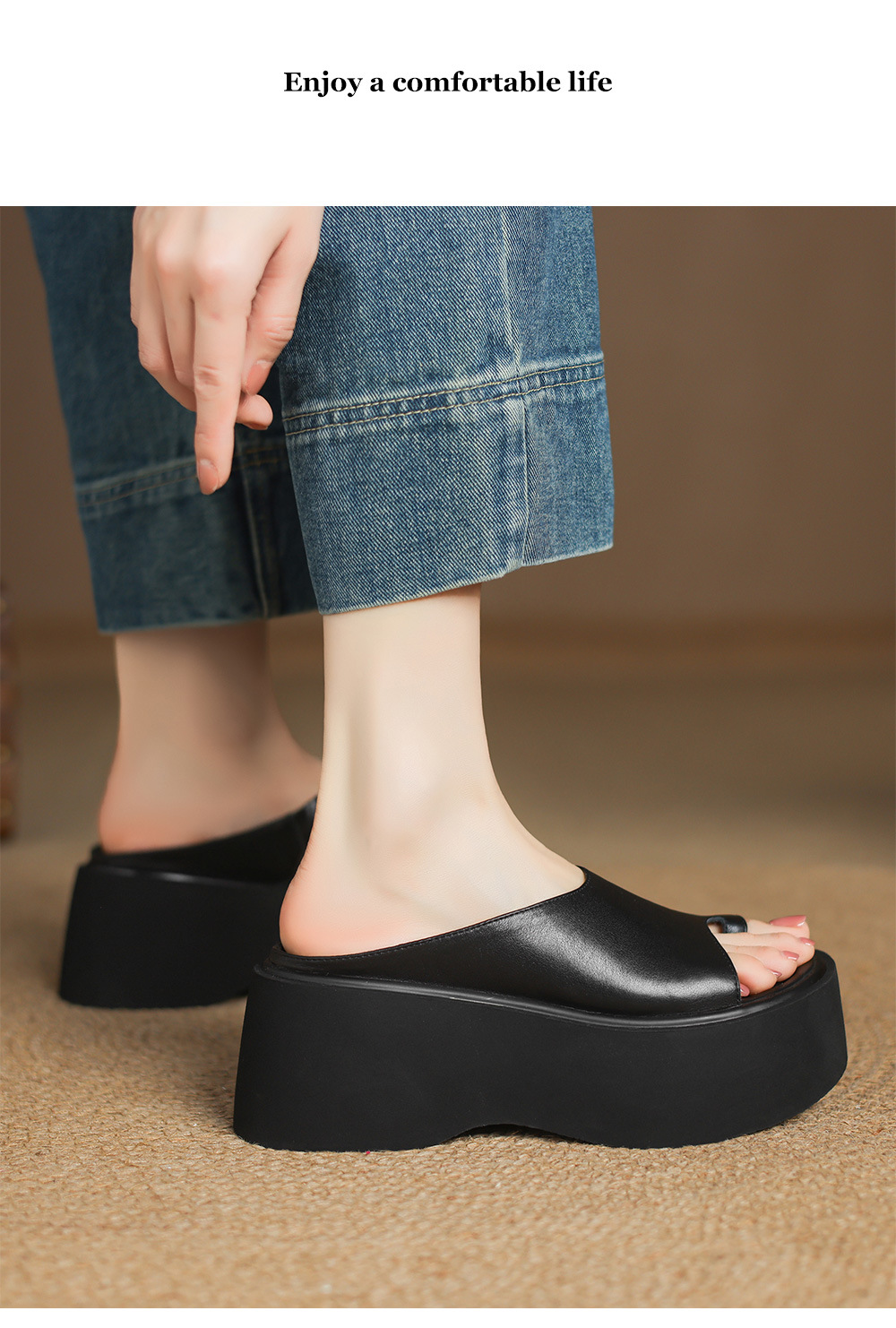 Sandal miệng cá đế xuồng cao su dày dáng người nhỏ, dép xỏ ngón mùa hè platform — Màu đen chi tiết 9