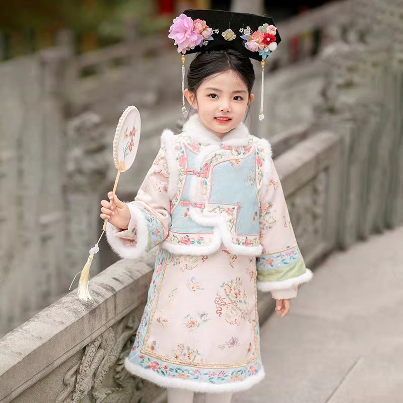 女童汉服拜年服中国风冬季加厚格格服古风旗袍马甲唐装汉服格格服-阿里巴巴