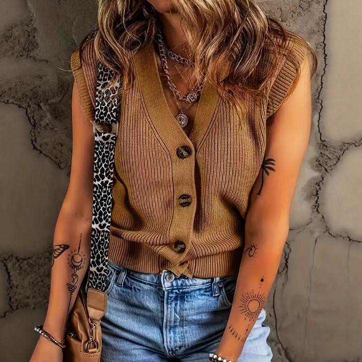 European and American Commuter Versatile V Neck Knitted Vest Vest for Women 2025 Summer New Pure Color Single-Breasted Sleeveless Sweater