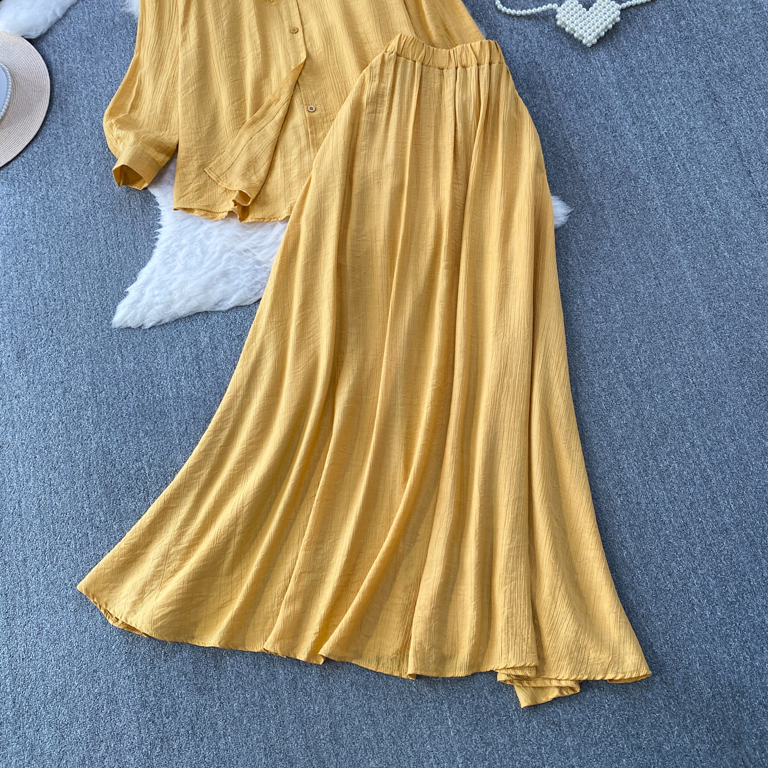 European Style Embroidered Pearl & Sequin Blouse With Mid-Length Skirt Set - Elegant Oversized Office Wear Two-Piece Outfit_ecoleips.com