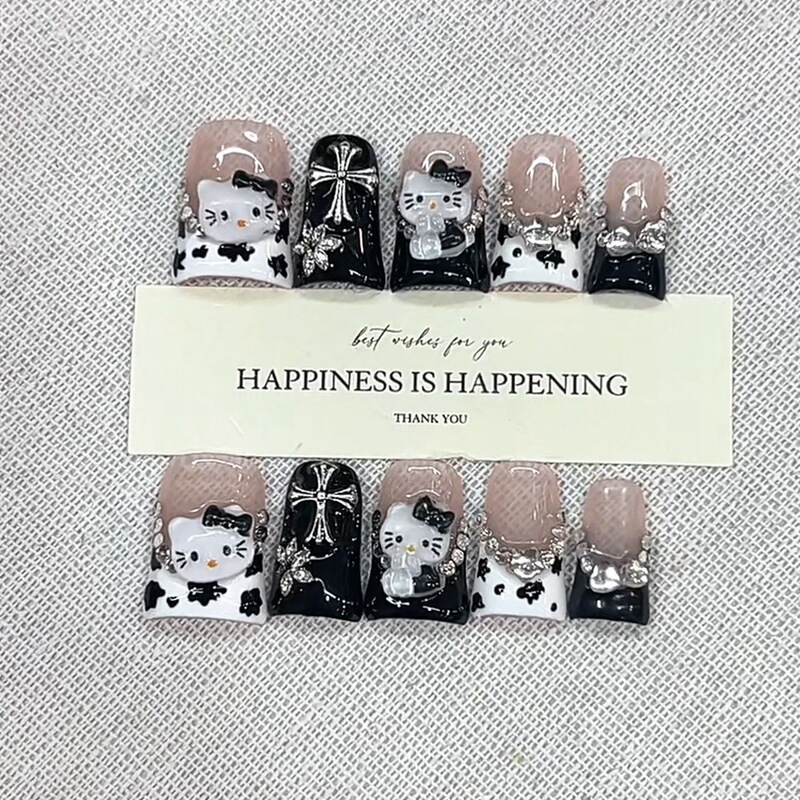 Daiyueda Pure Handmade Wearable Nails New Short Duckbill Style Milk Style Kt Zircon Painting French Manicure Patch Daiyueda Pure Handmade Wearable Nails New Short Duckbill Style Milk Style Kt Zircon Painting French Manicure Patch