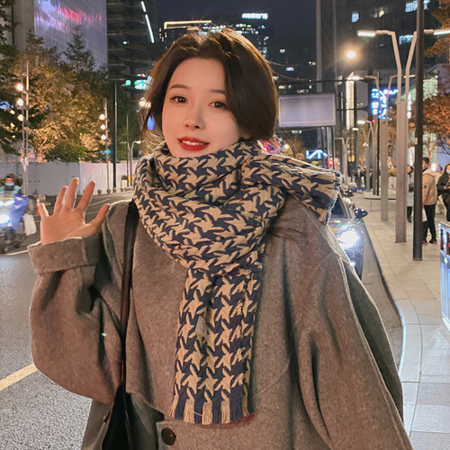 Retro Houndstooth Scarf Women's Winter  New Korean Version Versatile Imitation Cashmere Warm Student Couple Scarf Thick