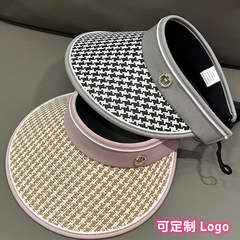 新款千鳥格空頂帽女夏季UV黑膠大檐遮陽帽韓版百搭戶外防曬太陽帽