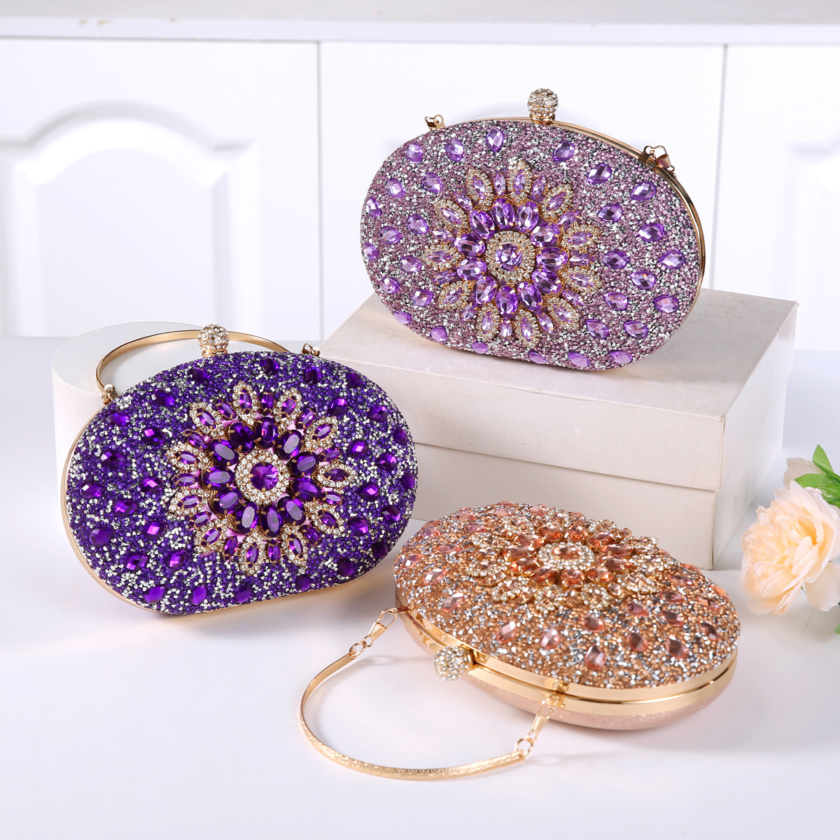 337g Weight Polyester Lining Material Lock clasp Closure Type Top Handle Strap Type Evening Bag Bags Type Party Occasion Pu Leather Material Printing Pattern All Seasons Season Women's Gender Diamond Design Elegant Style Oval Shape Small Size Pu Leather Printing Oval Evening Bags 30