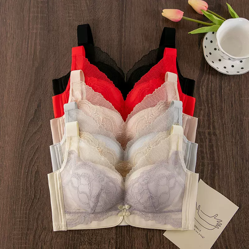 新年红色文胸蕾丝内衣小胸聚拢调整型收副乳文胸中厚杯滑滑棉胸罩