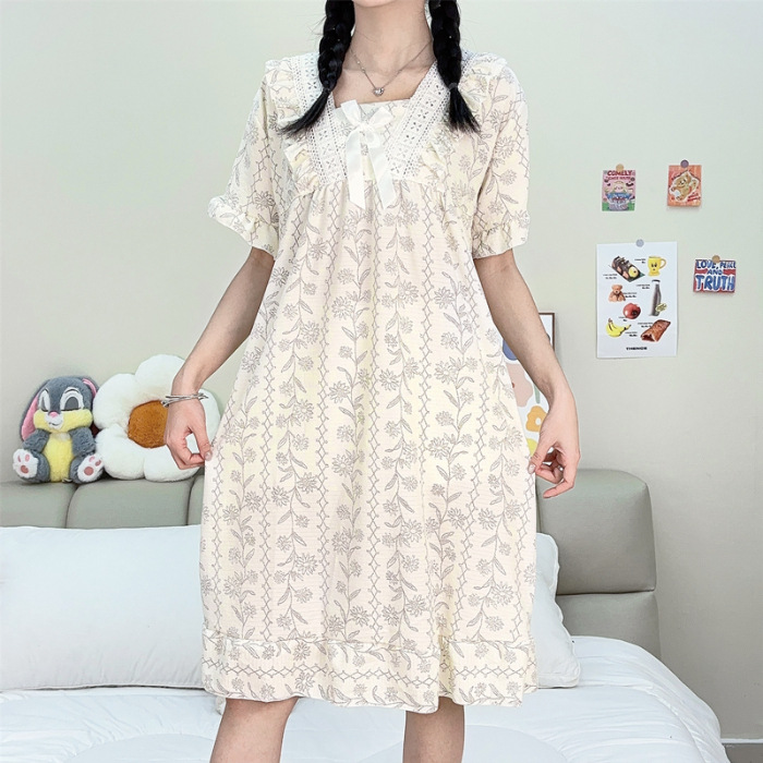 Pijama de mujer de verano tejido espuma tejida tela arrugada pijama de mangas cortas princesa vestido de viento suelto vestido de casa de verano