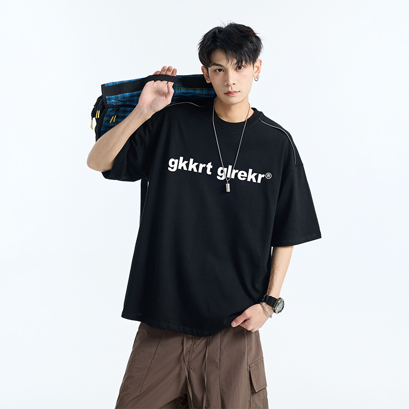 厚手の立体プリント純綿半袖Tシャツ メンズ トレンドブランド ゆったり 夏 薄手 カジュアル 五分袖トップス|undefined