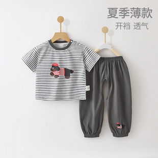 Baby Summer Clothes Kidsren's Two-Piece Set Boys Summer Clothes Pure Cotton Short-Sleeved T-Shirt Bloomers Baby Crotchless Pants