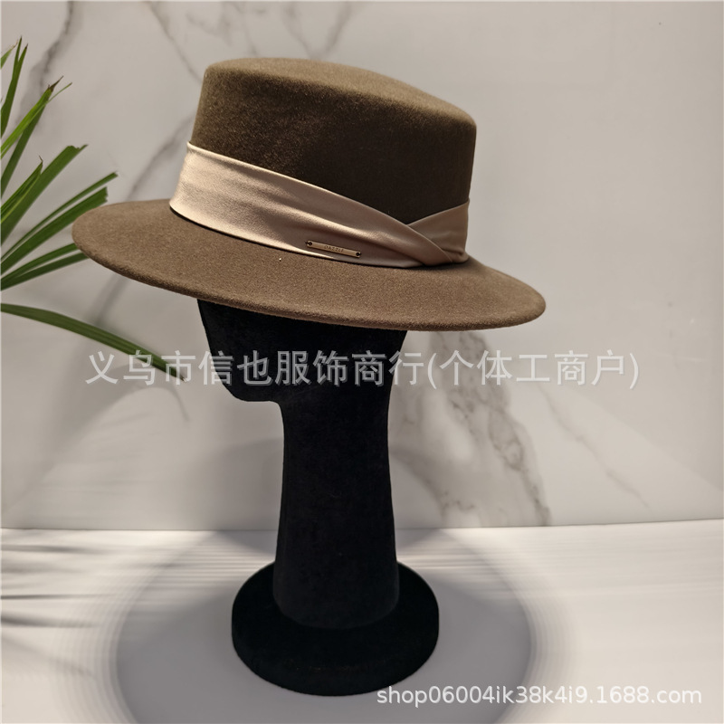名媛美学羊毛帽子秋冬保暖时尚经典百搭平顶帽澳洲羊毛大帽檐礼帽|undefined