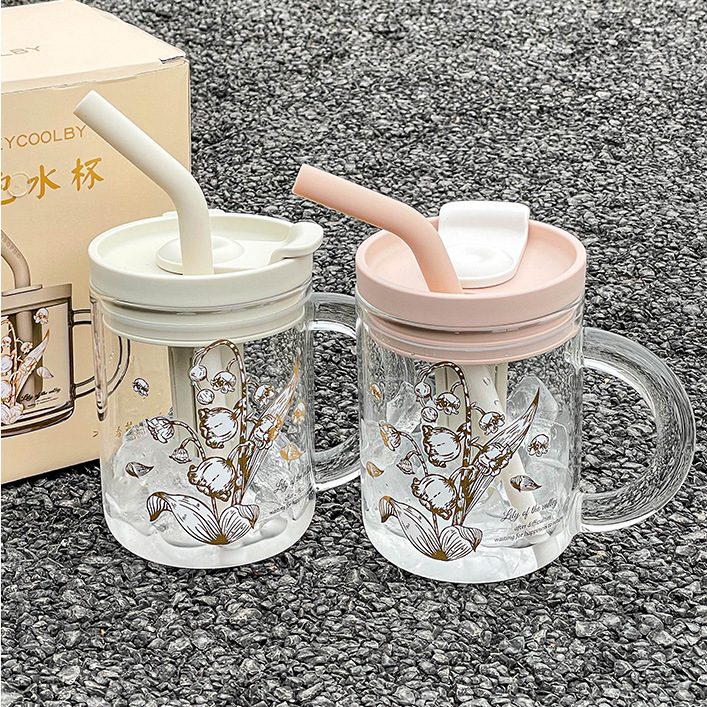 高顏值蘭鈴花玻璃杯便攜把手醒泡馬克咖啡杯女生辦公室茶隔吸管杯