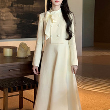 2025秋季新款法式千金小香风连衣裙蝴蝶结假两件套装礼服长裙子女