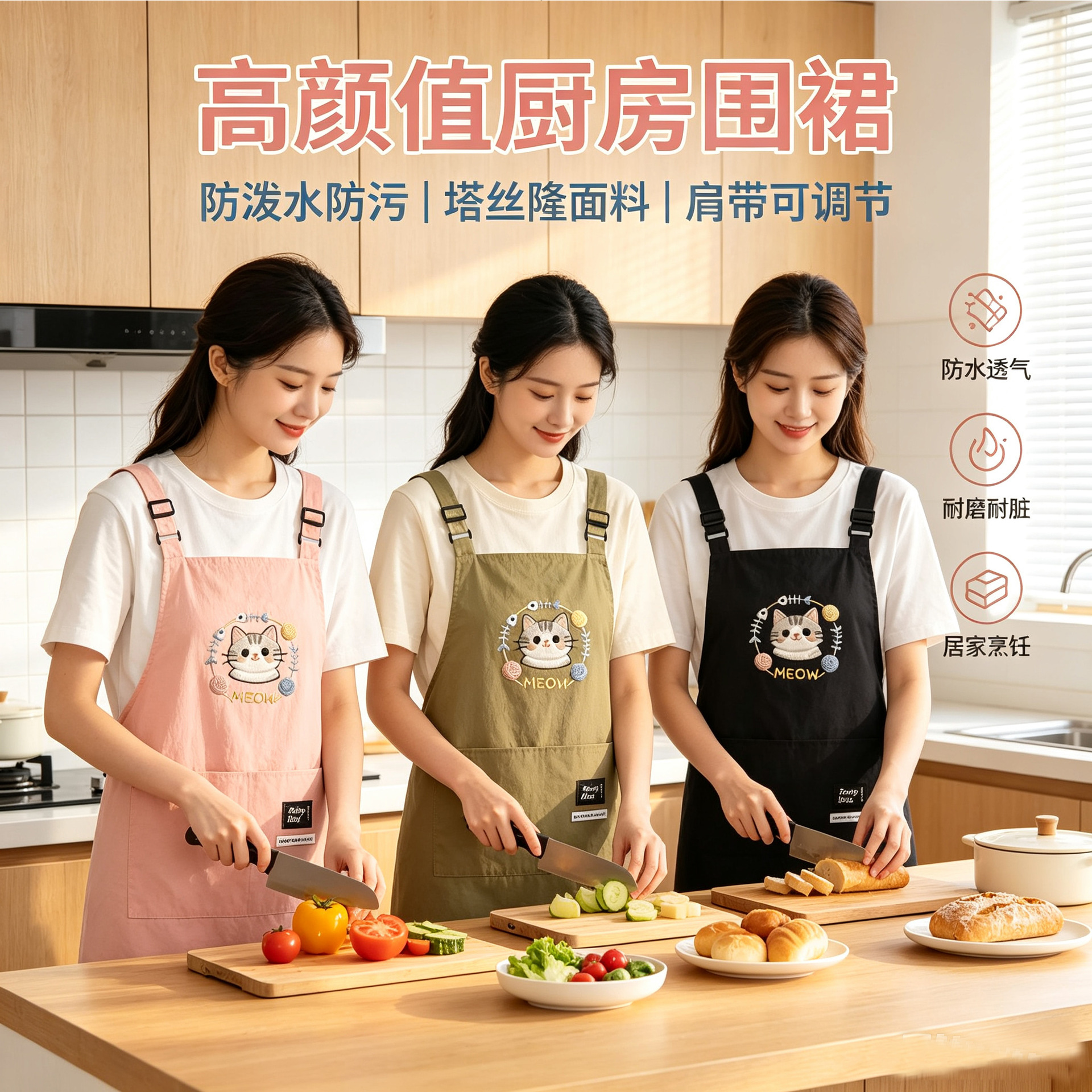 고양이 주방 앞치마 생활방수 어깨끈 조절 포켓
