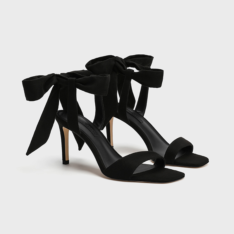 Strappy Sandals for Women, New Summer Style, Elegant Black Bow, Fairy Style, One-Strap High Heels, Pointed Toe, Stiletto Heel