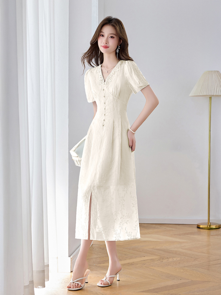 Đầm maxi nữ thêu hoa cổ V thắt eo phong cách cổ điển dài — màu xanh nhạt, màu sắc