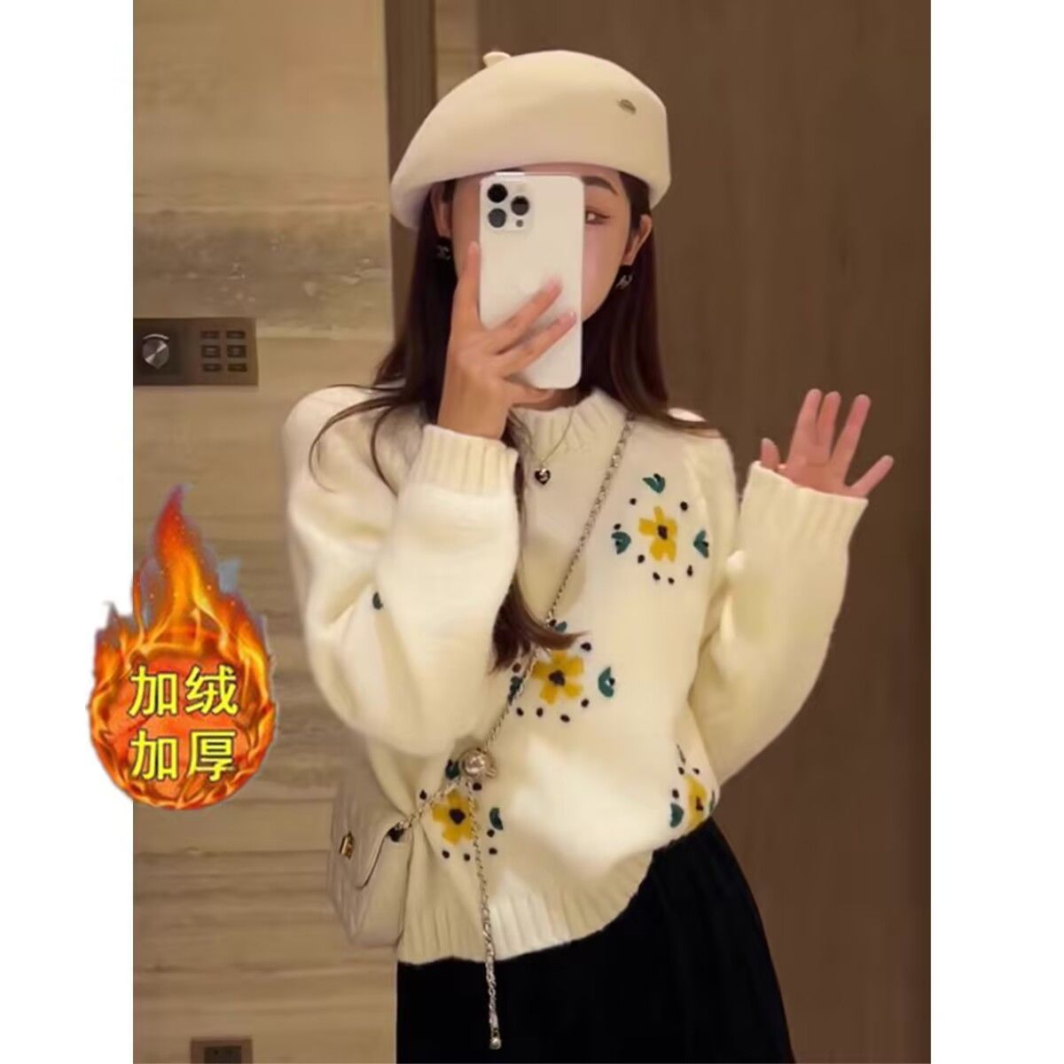 秋冬新款加厚加绒软糯绣花毛衣女小个子宽松圆领长袖针织套头毛衣