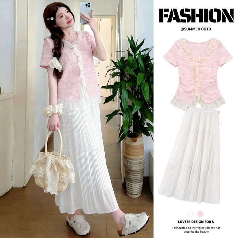 Cute and Sweet Loose-Fitting Short-Sleeve Adjustable Maternity Top and Chiffon Pleated Skirt Summer Set Cute and Sweet Loose-Fitting Short-Sleeve Adjustable Maternity Top and Chiffon Pleated Skirt Summer Set