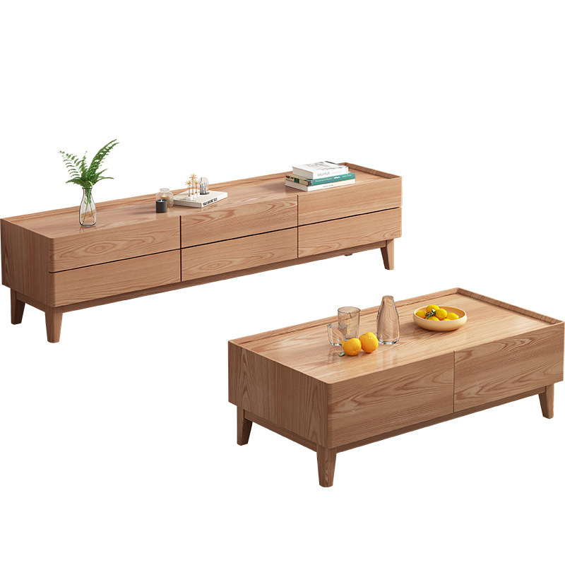 Mesa de té de estilo de registro mesa de té de madera maciza nórdica combinación de gabinete de TV moderno minimalista hogar sala de estar pequeño apartamento madera de cera blanca