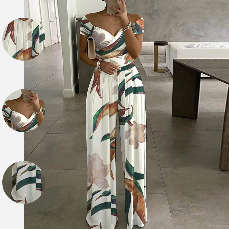 Mono de mujer de nueva colección primavera 2026, estilo europeo y americano, con hombros descubiertos, estampado, pantalón largo, sexy y de cintura alta.
