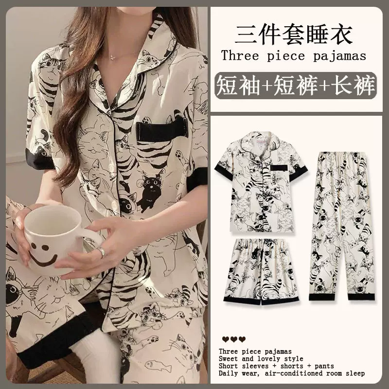 夏季可爱卡通睡衣女 开衫短袖优质仿棉三件套 家居服工厂跨境批发