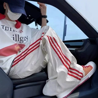 美式复古运动风三条杠拼接新款休闲裤男女青少年夏季宽松阔腿裤