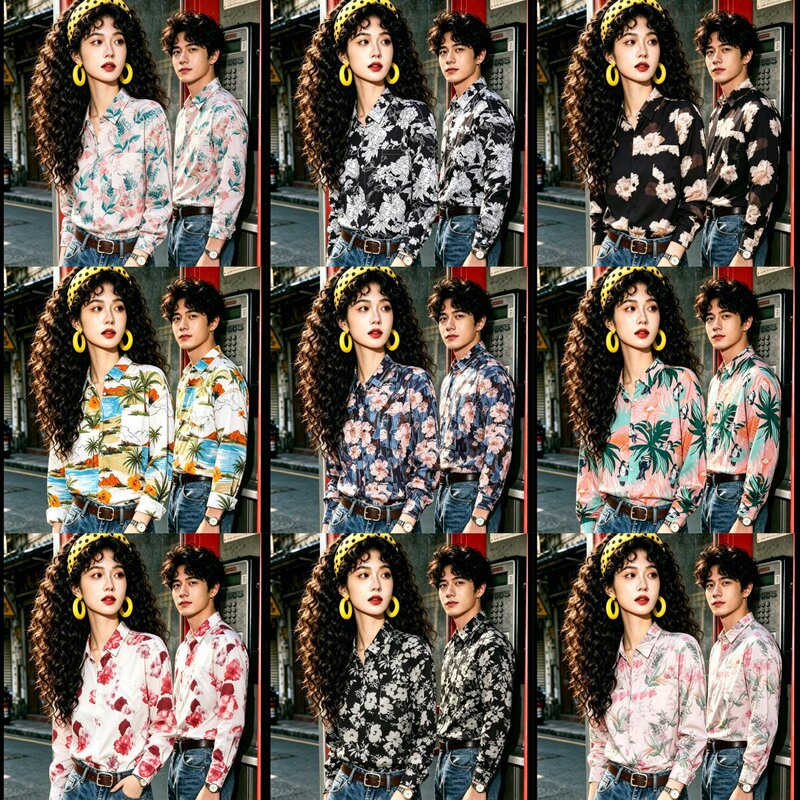 Hong Kong-style retro outfits for groomsmen and bridesmaids, suitable for annual company events and performances, featuring floral shirts with long sleeves, available in unisex and couples' styles