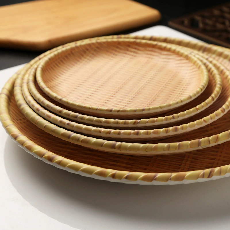 Bantamine Imitation Vine-Woven Dim Sum Plates for Hot Pot, Rectangular Bamboo Plastic/Porcelain