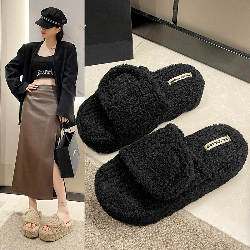 Липучки Lazy Style Короткие плюшевые одно слово Осень 2023 Популярная в Интернете верхняя одежда Повседневные шерстяные тапочки с толстой подошвой