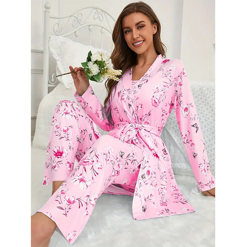 Specially Designed for Cross-Border Platforms, Factory Ready-Made Home Pajamas, European and American Size Nightgowns, Trousers, Suspenders, Nightgown Three-Piece Suit