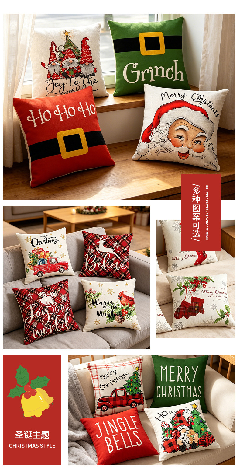 American Vintage Christmas Linen Pillow Cover Printed Sofa Cushion Cover Holiday Decoration Pillowcase Without Core Cushion Cover