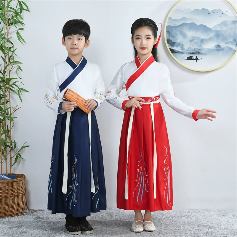 Одежда для мальчиков Hanfu Guoxue, старинный костюм для девочек, юбка Ru, костюм Тан для учеников начальной школы, детская книга, детский костюм для выступления в треххарактерной сутре, весна и осень