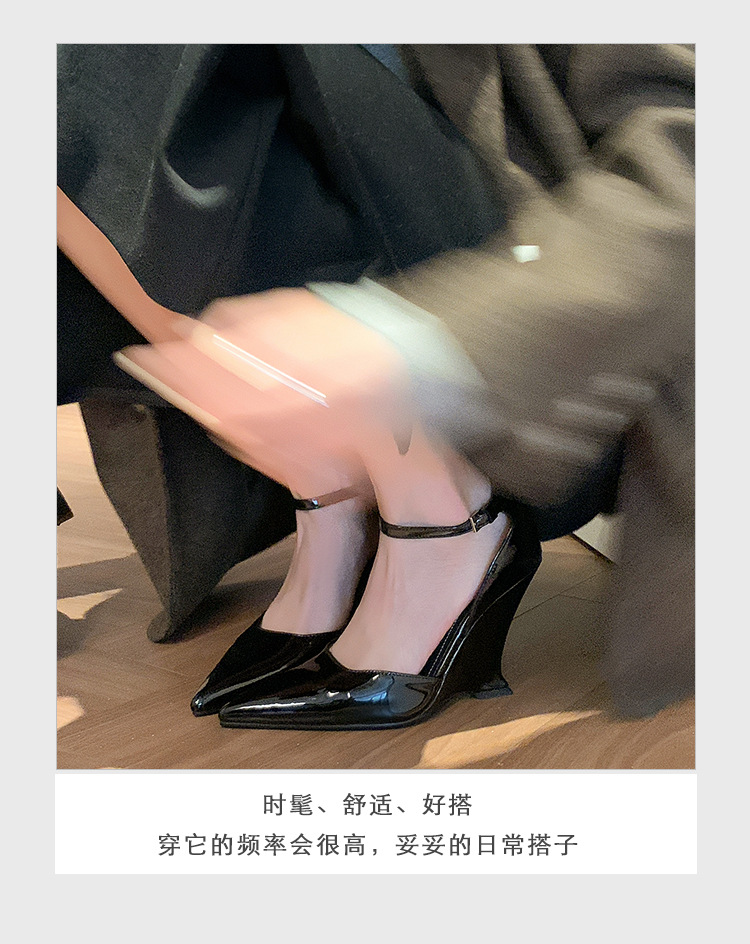 Giày sandal cao gót nữ mũi nhọn quai ngang chất liệu da bò sơn cao cấp, gót xuồng 9 cm — màu đen, màu trắng, màu mơ, màu đỏ chi tiết 8