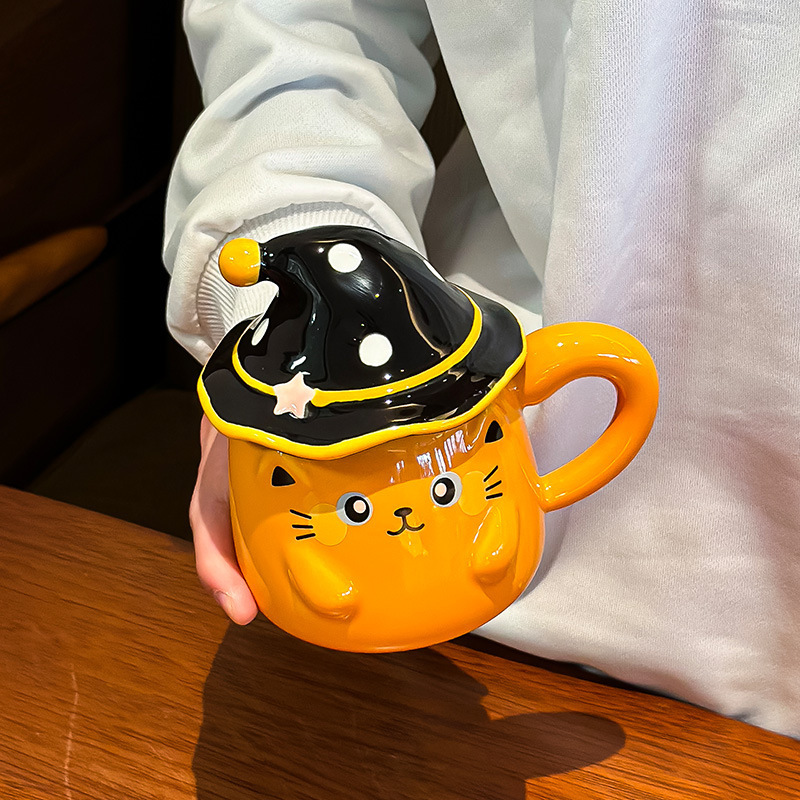 帽子クリエイティブかわいい猫マグカップ蓋付き幽霊カップ女子陶磁器高颜値漫画家庭用コップ|undefined