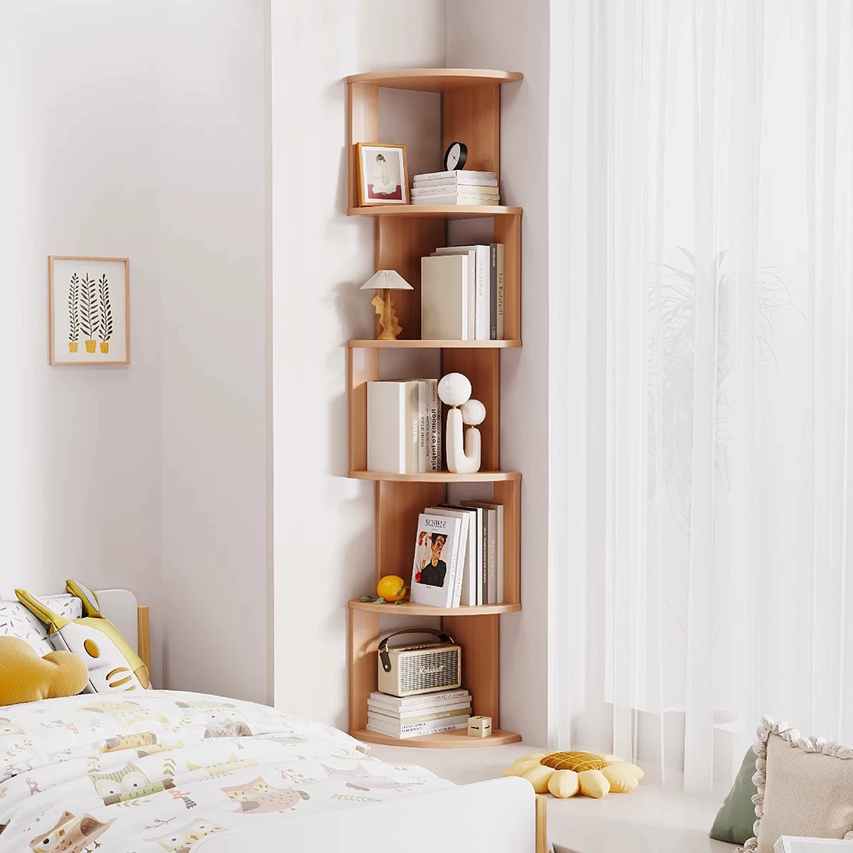 Угловой книжный шкаф из массива дерева, угловая книжная полка, шкаф с эркером, скандинавская гостиная, спальня, современная простая полка для хранения, напольная p ^