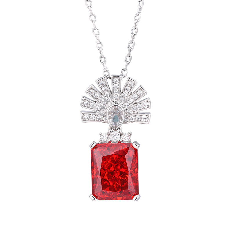 Otoño e invierno nuevo estilo Zhuangsheng conjunto de joyas con alto contenido de carbono diamante flor de hielo corte cobre con incrustaciones colgante de abanico piedra principal 10*12