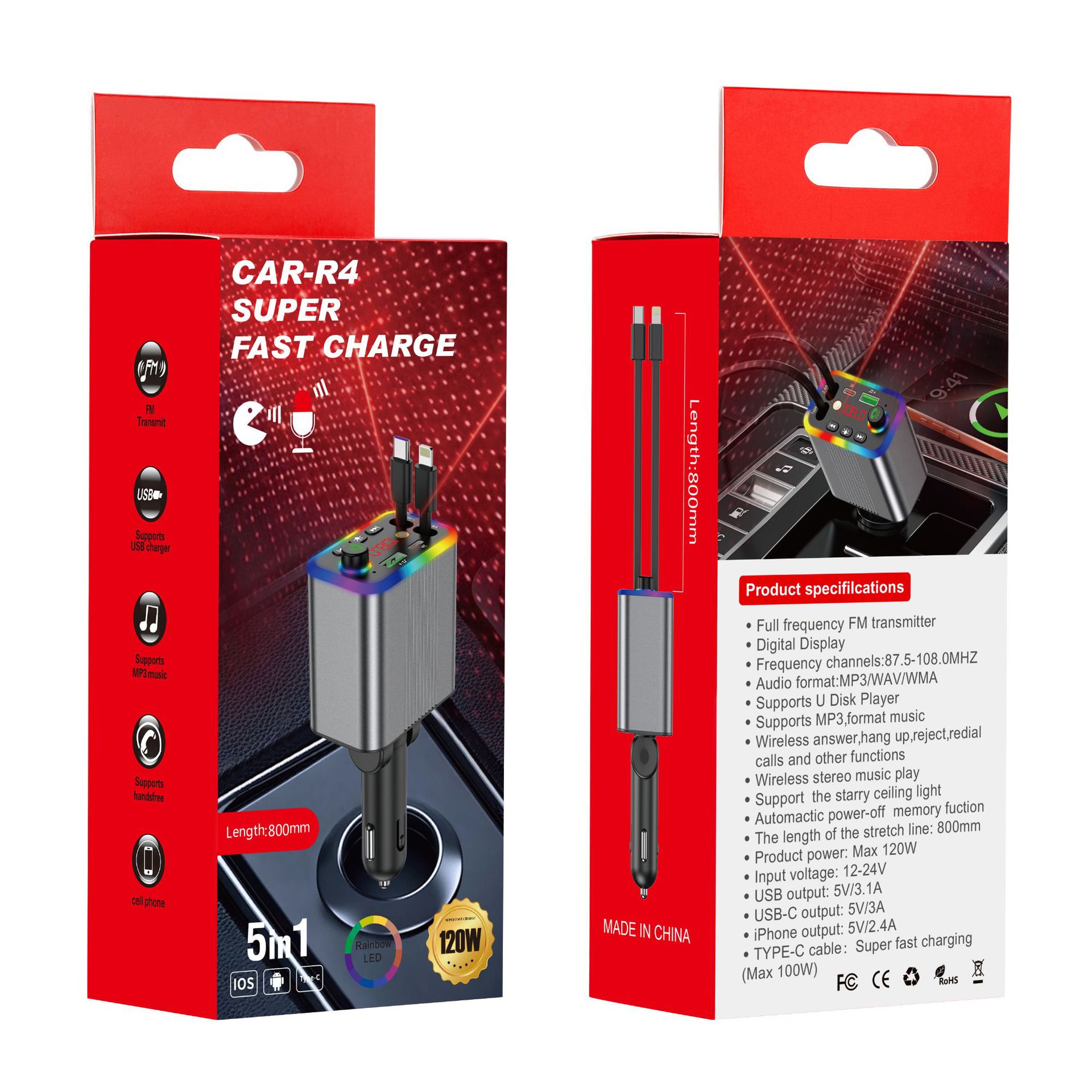 R4R6 Car Bluetooth MP3 Player comes with a retractable cable and supports fast charging for mobile phones, 2026 new model, foreign trade supply