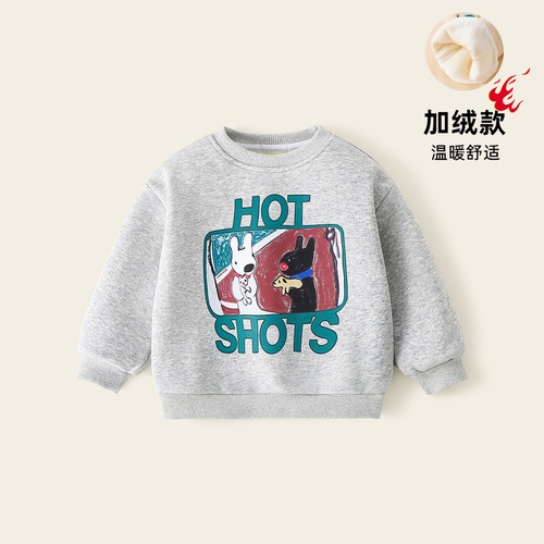 Children's clothing boys' velvet sweatshirt autumn and winter new style children's sweatshirt baby cartoon print long-sleeved casual top