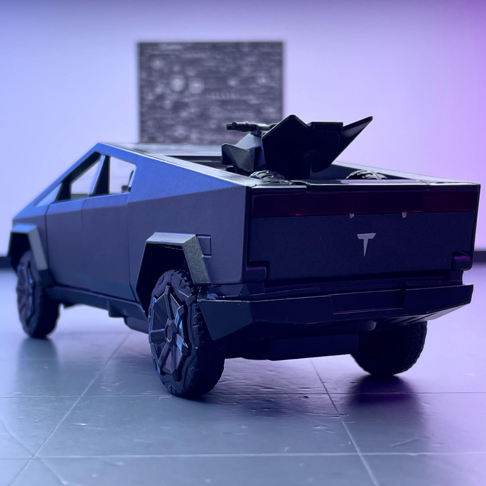 Nuevo modelo de coche de aleación Haodi 1:32 Tesla Pickup con motocicleta, sonido y simulación de luz, decoración del modelo de coche