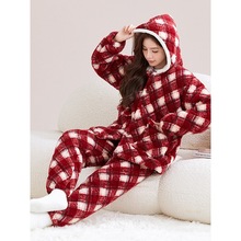 睡衣女冬加厚加绒三层夹棉法兰绒宽松大码可外穿家居服舒棉绒套装