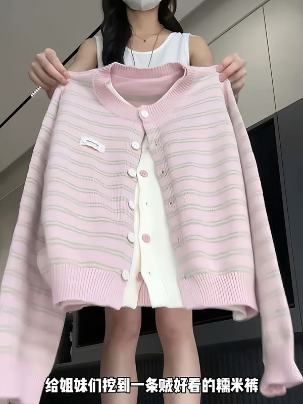 韩系粉色条纹假两件针织开衫女宽松外搭毛衣外套女秋冬穿搭上衣|undefined