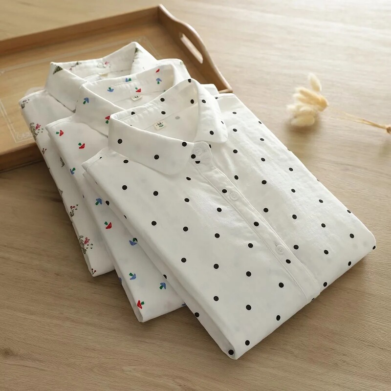 Artistic Fresh round neck double-layer cotton yarn printed long-sleeved shirt Women's Spring and Autumn versatile soft glutinous shirt top