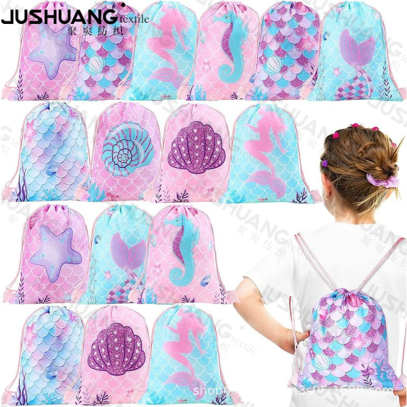 小美人鱼二双肩抽绳背包袋子便携收纳袋涤纶手提抽绳袋束口袋